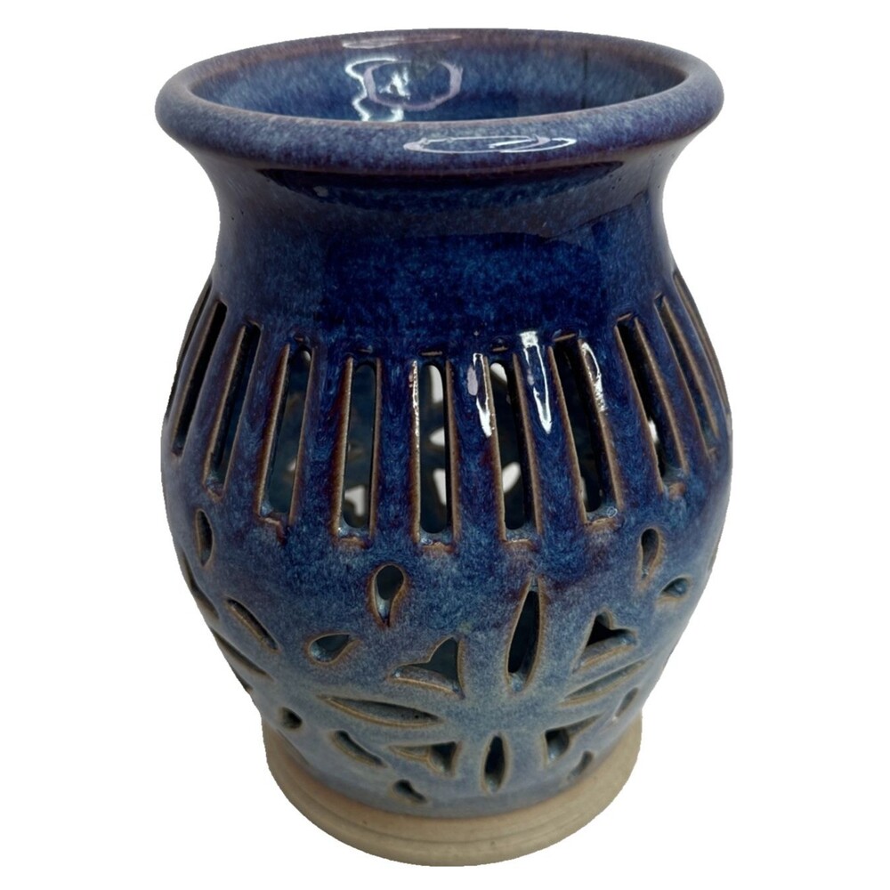 Vintage Walt Glass Art Pottery Pierced Luminary Candle Holder Signed 1989